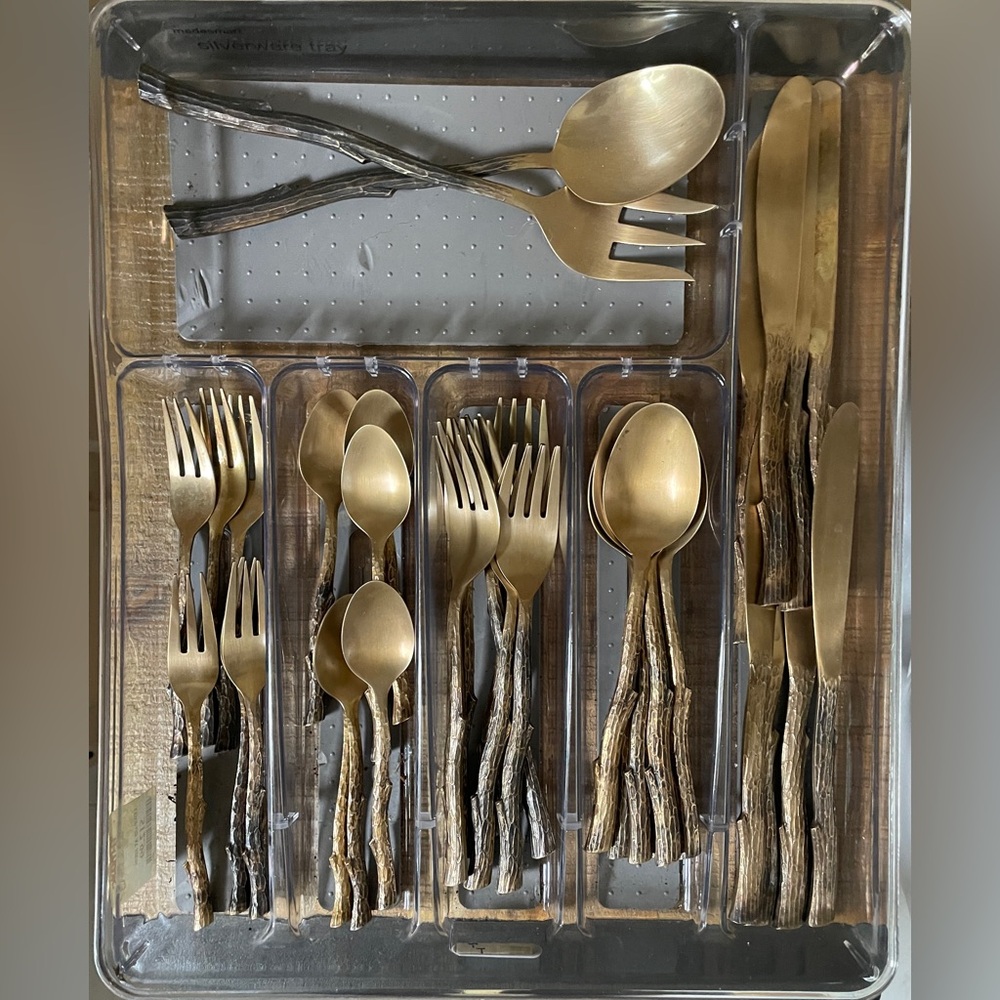 Rustic Brass Flatware Set w/Twig Handles 
5pc/service for 6